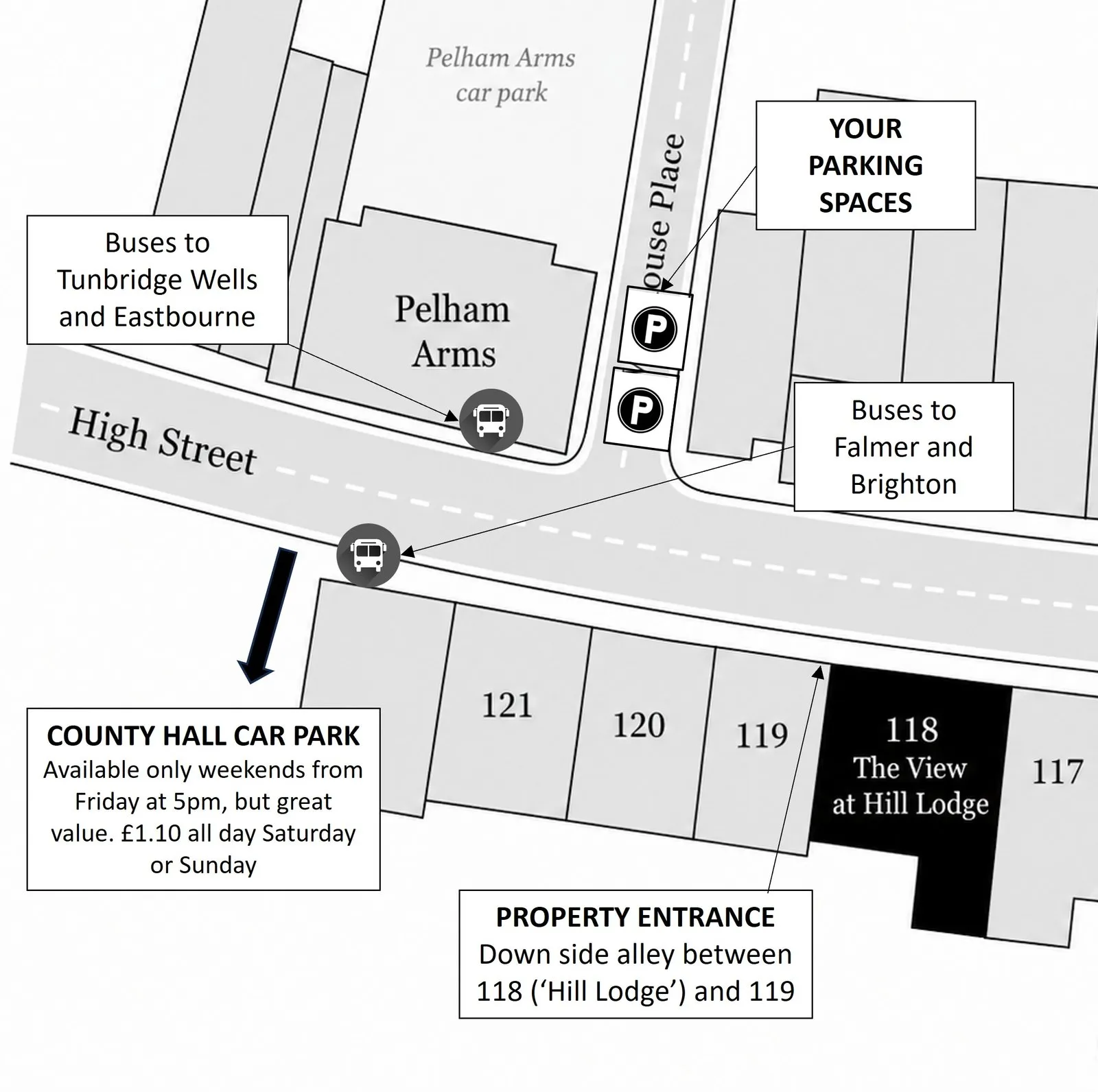 Map showing the two parking spaces in Wellhouse Place opposite Hill Lodge, the bus stops on the High Street, the property entrance down the alley between 118 and 119, and County Hall car park